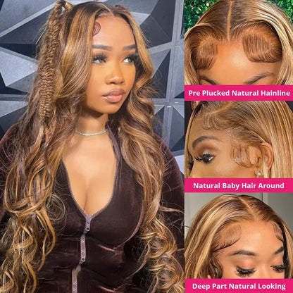 Honey Blonde Highlight Body Wave Wig | HD Lace Front | 100% Brazilian Human Hair